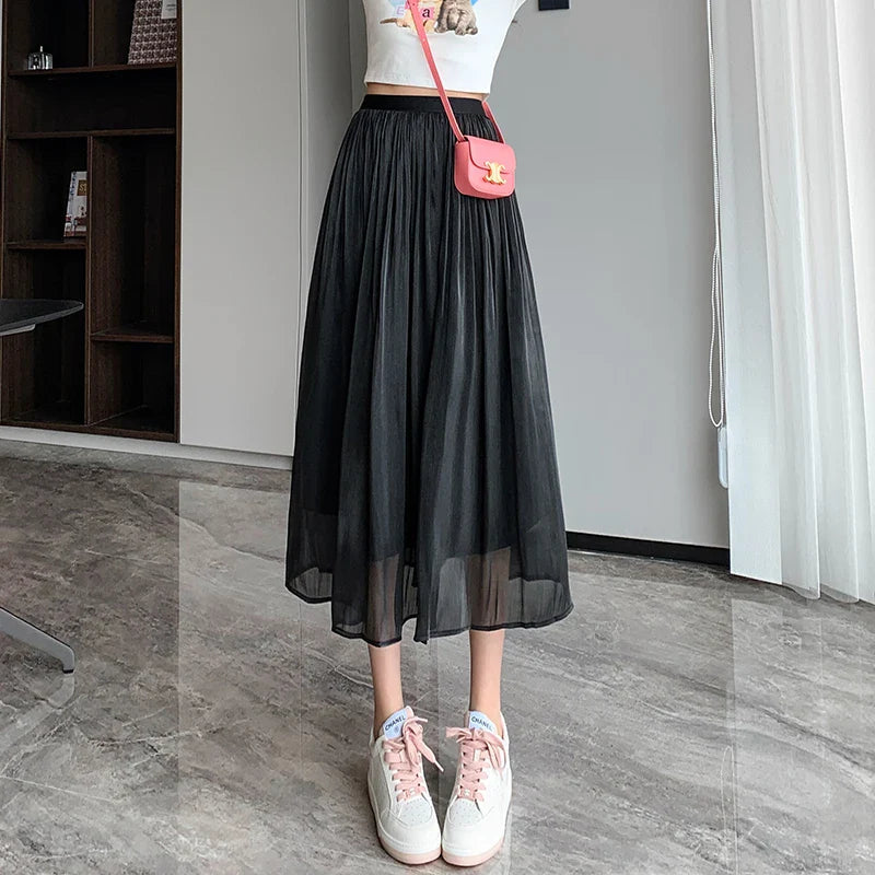 Tulle Solid Color Elastic High Waist Pleated Skirt