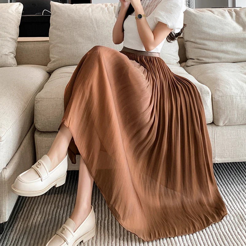 Tulle Solid Color Elastic High Waist Pleated Skirt