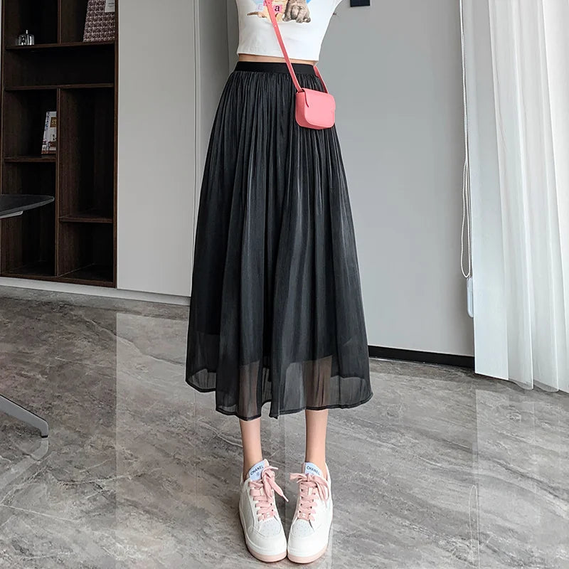 Tulle Solid Color Elastic High Waist Pleated Skirt