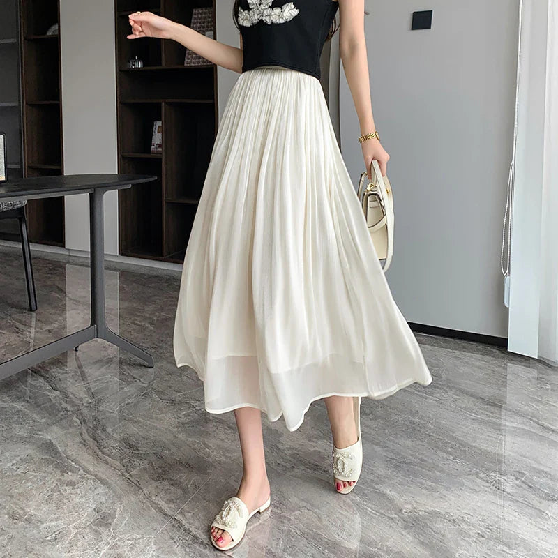 Tulle Solid Color Elastic High Waist Pleated Skirt