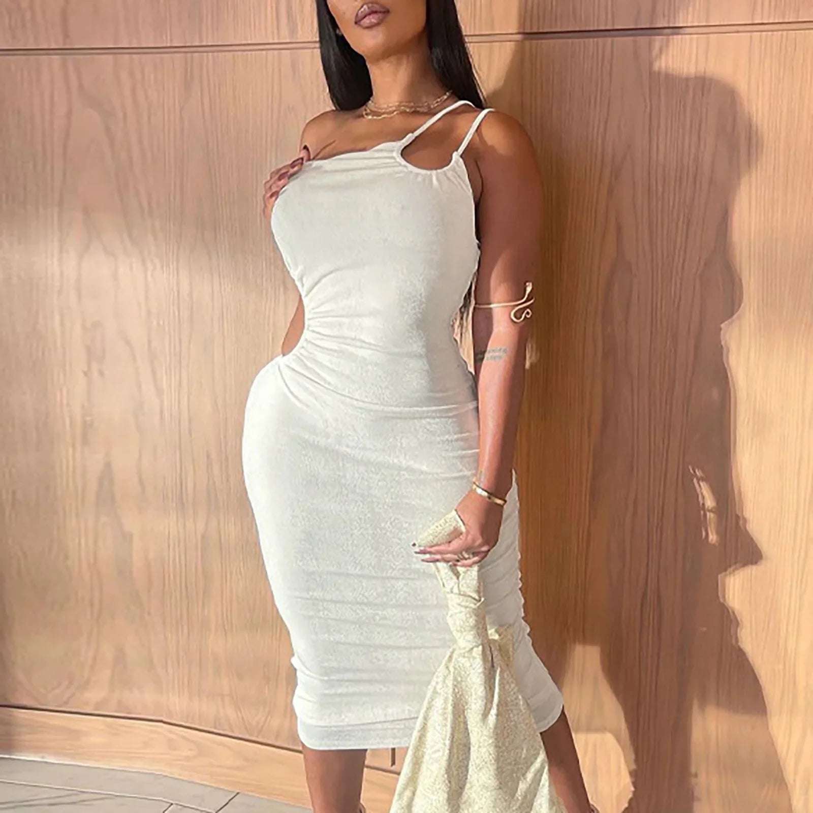 Black White Strap Bodycon Party Midi Dress