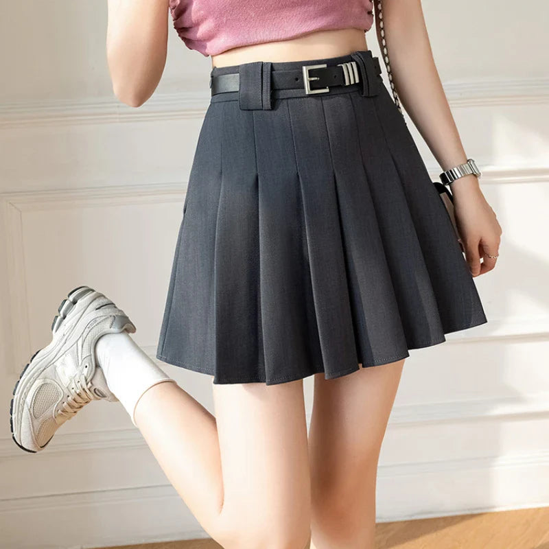 Summer High Waist A-line Pleated Mini Gray Skirt