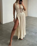 Sparkle Spaghetti Strap Backless Lace Maxi Dress