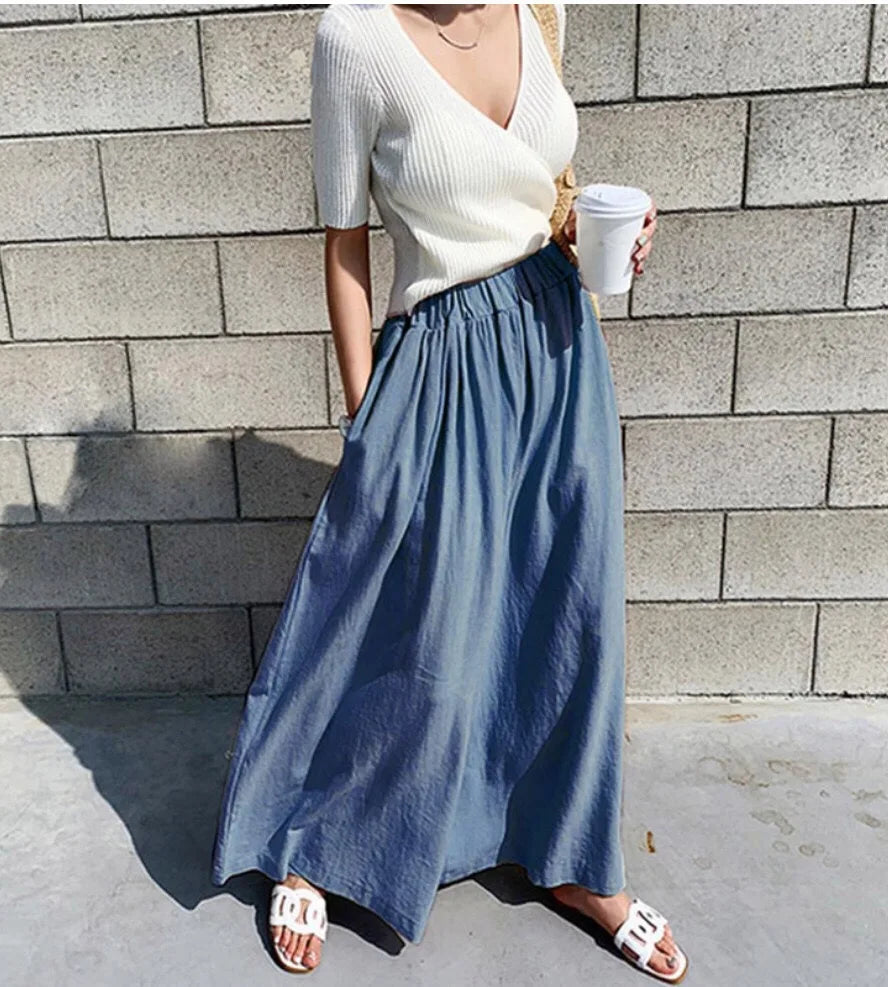 Denim High Waisted Frayed Maxi Skirt Spring Summer