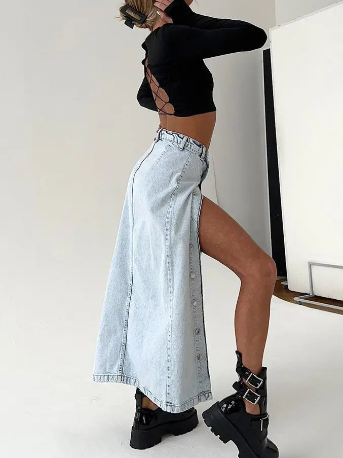 Denim Side Split High Waist Midi Dress