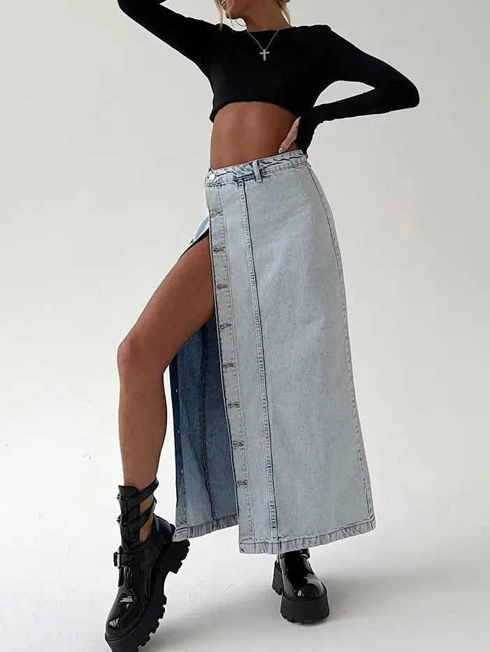 Side Split High Waist Denim Midi Office Skirt