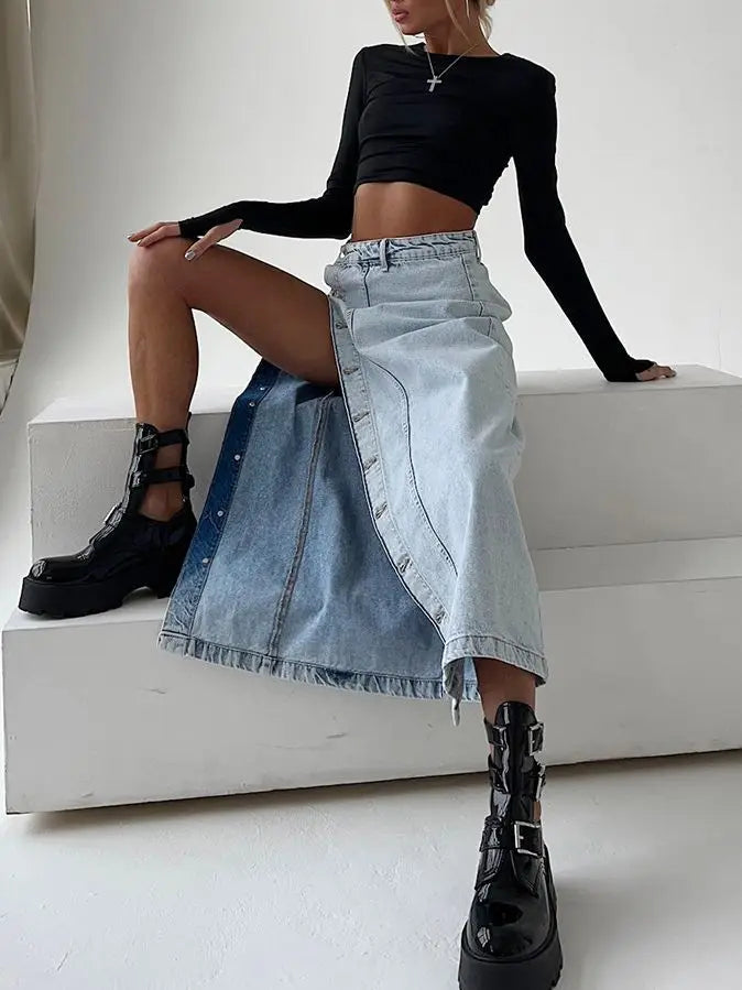 Side Split High Waist Denim Midi Office Skirt