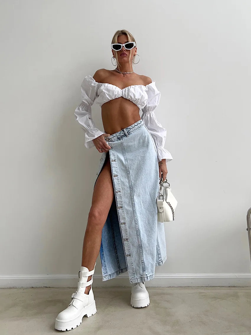 Denim Side Split High Waist Midi Dress