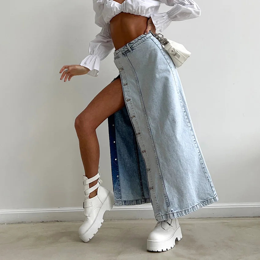 Denim Side Split High Waist Midi Dress