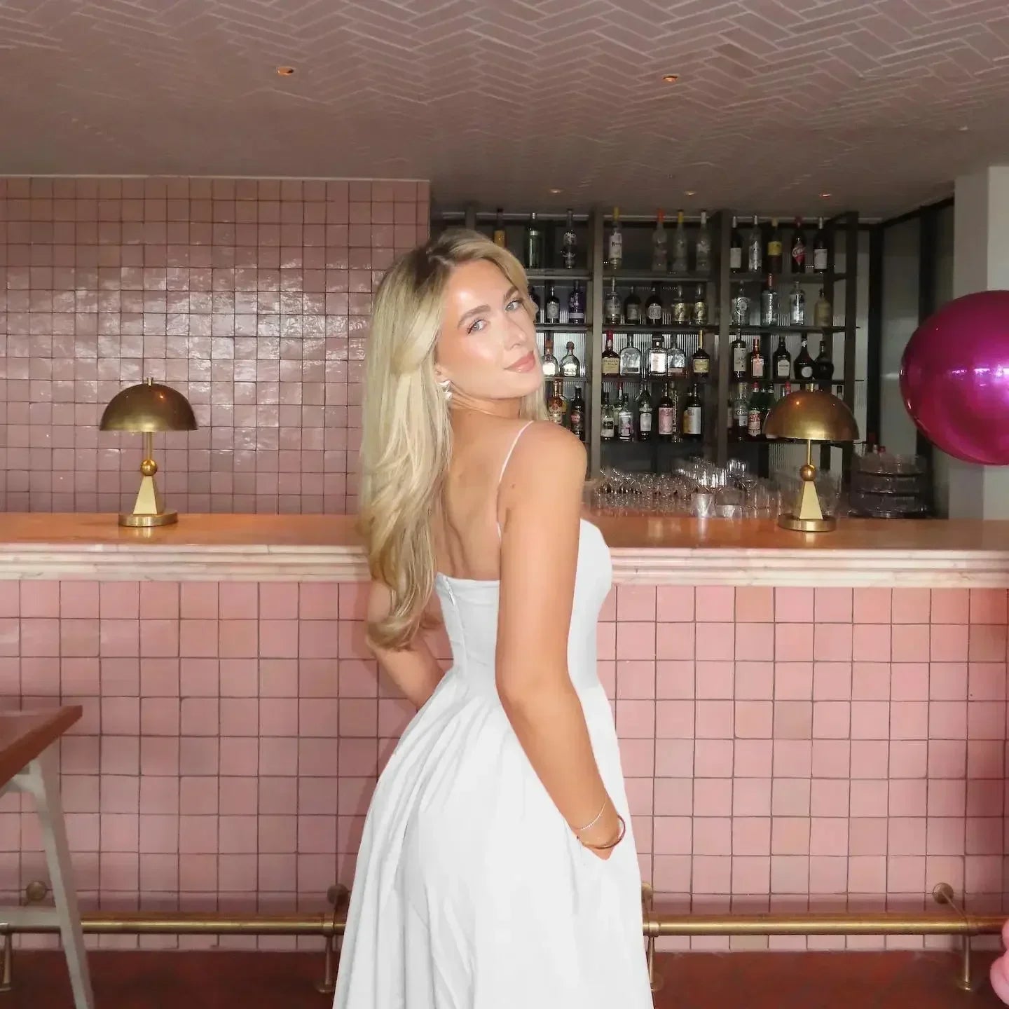 Pink White Spaghetti Strap Beach Party Midi Dress