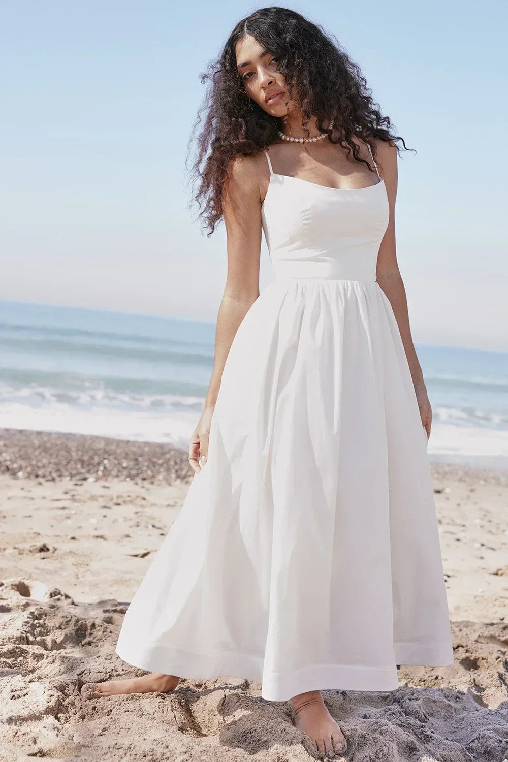 Pink White Spaghetti Strap Beach Party Midi Dress