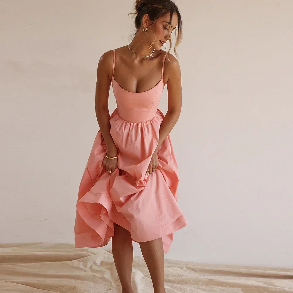 Pink White Spaghetti Strap Beach Party Midi Dress