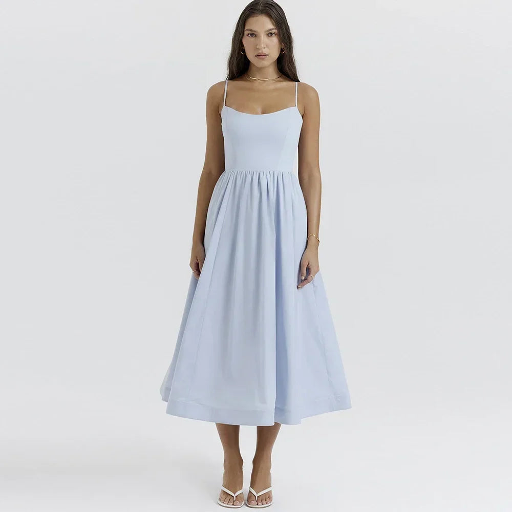 Pink White Spaghetti Strap Beach Party Midi Dress