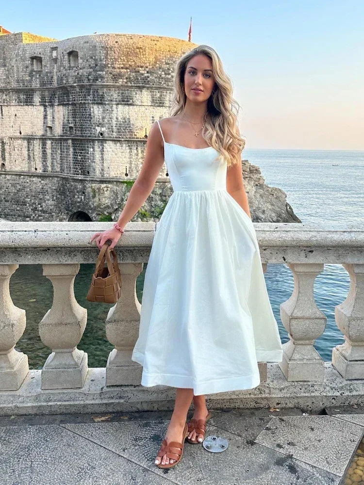 Pink White Spaghetti Strap Beach Party Midi Dress