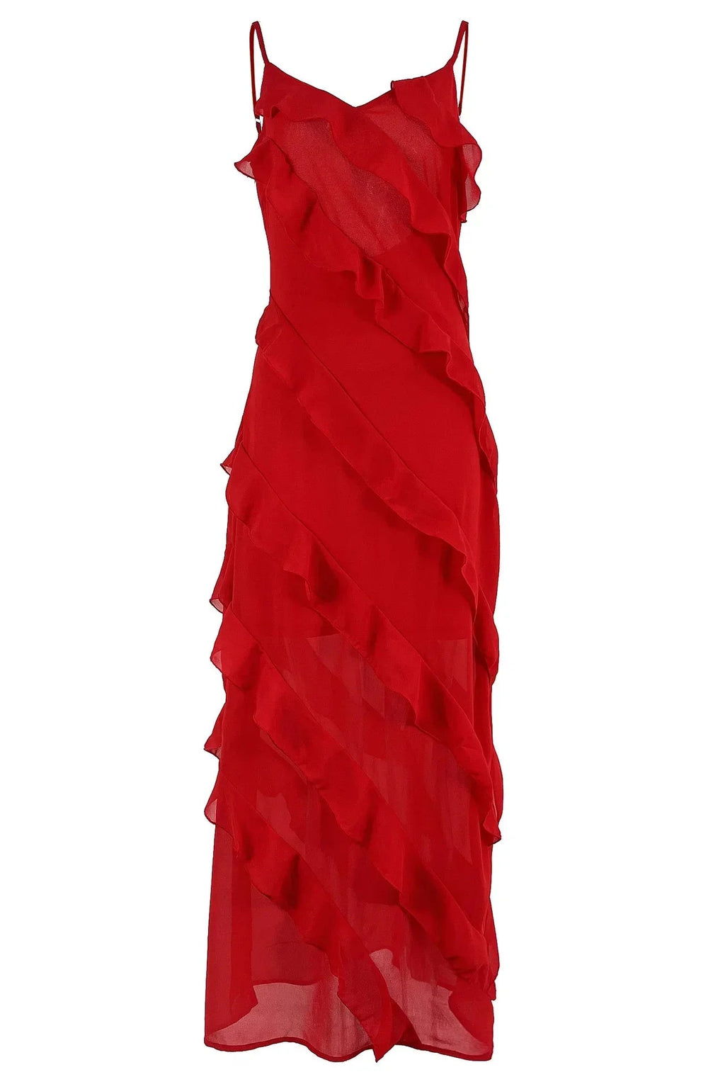 Ruffles Chiffon Backless Split Red Maxi Dress