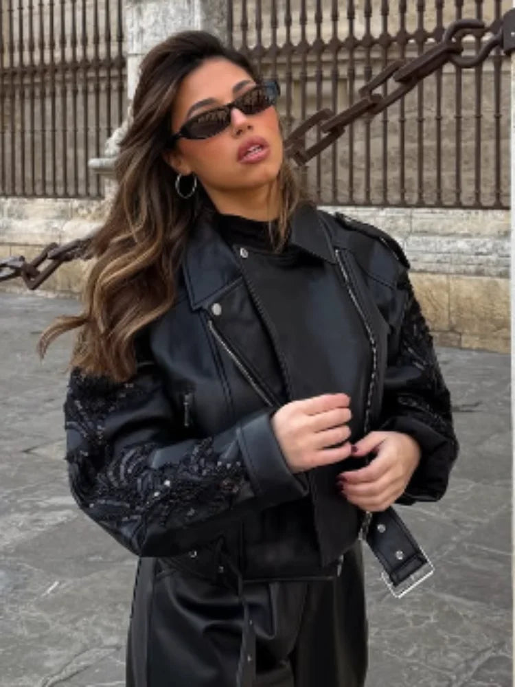 Sparkling Belted Leather Coat