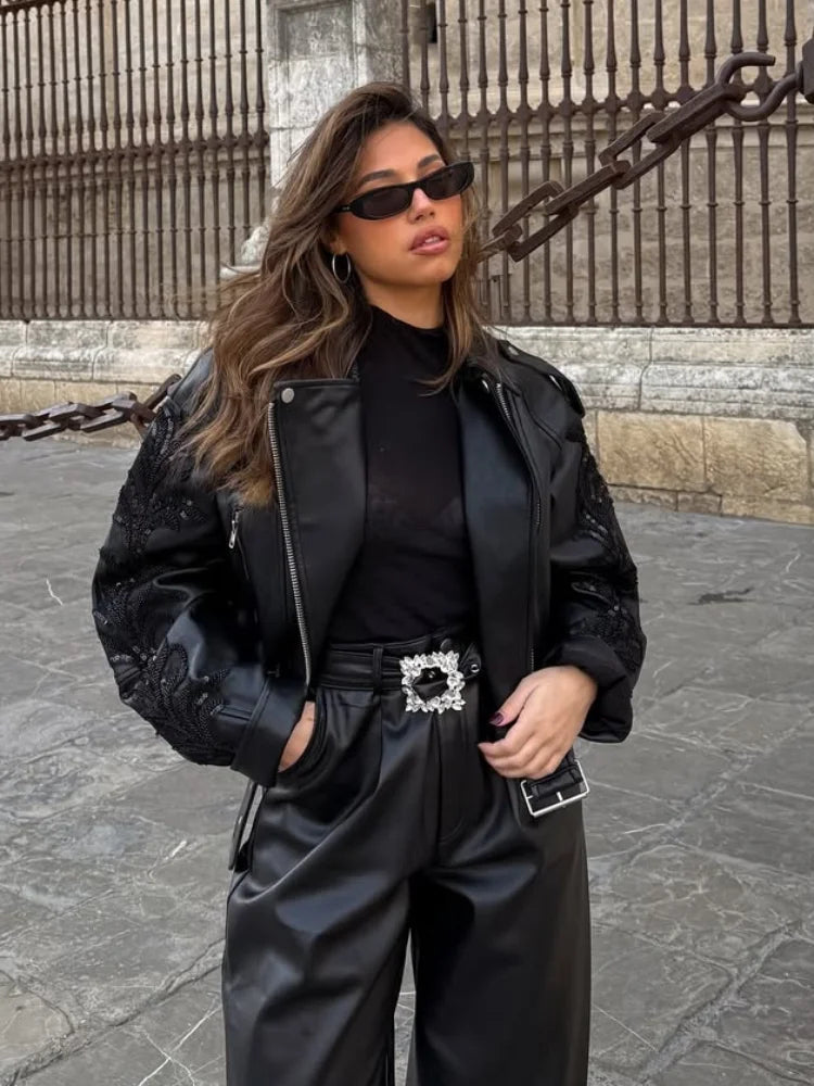 Sparkling Belted Leather Coat