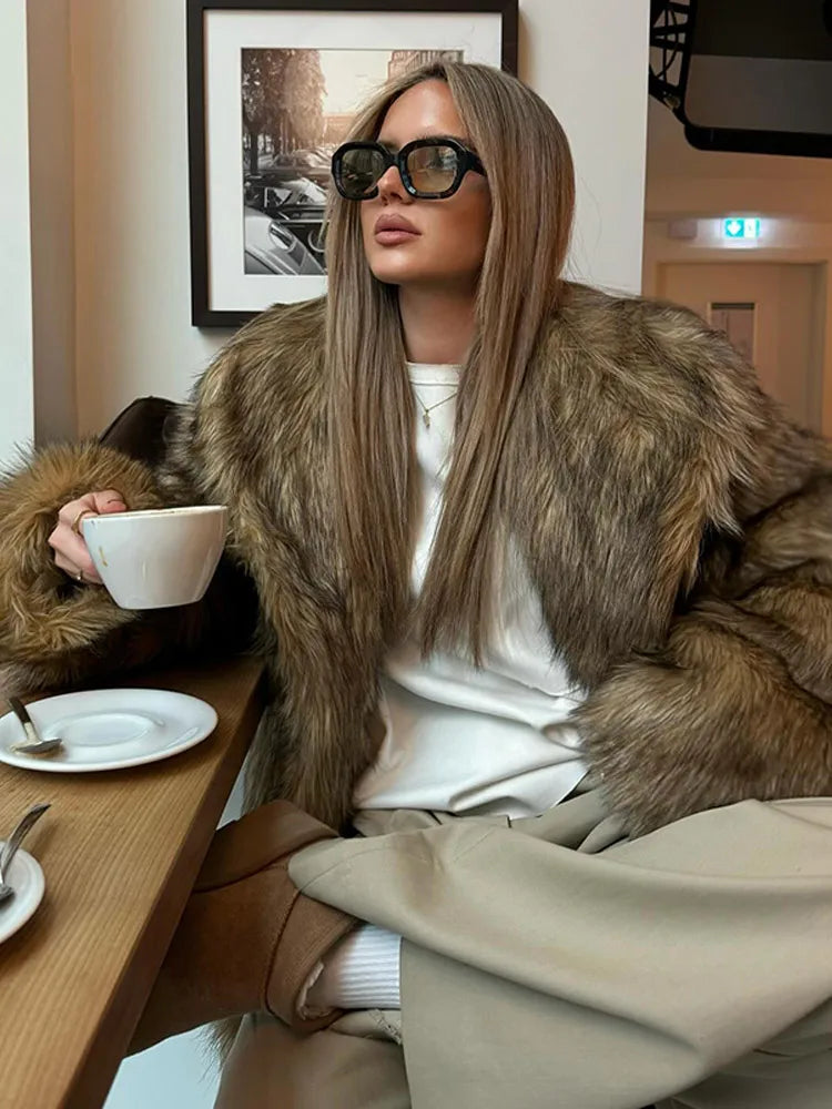 Brown Oversize Plush Lapel Coat