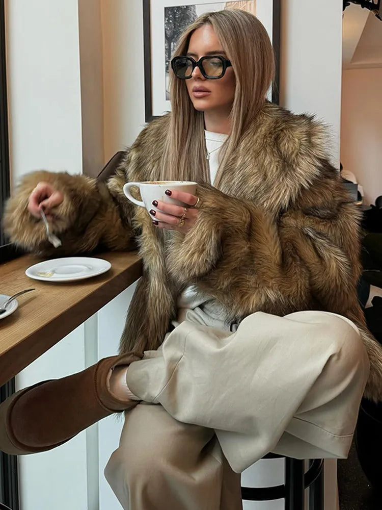 Brown Oversize Plush Lapel Coat