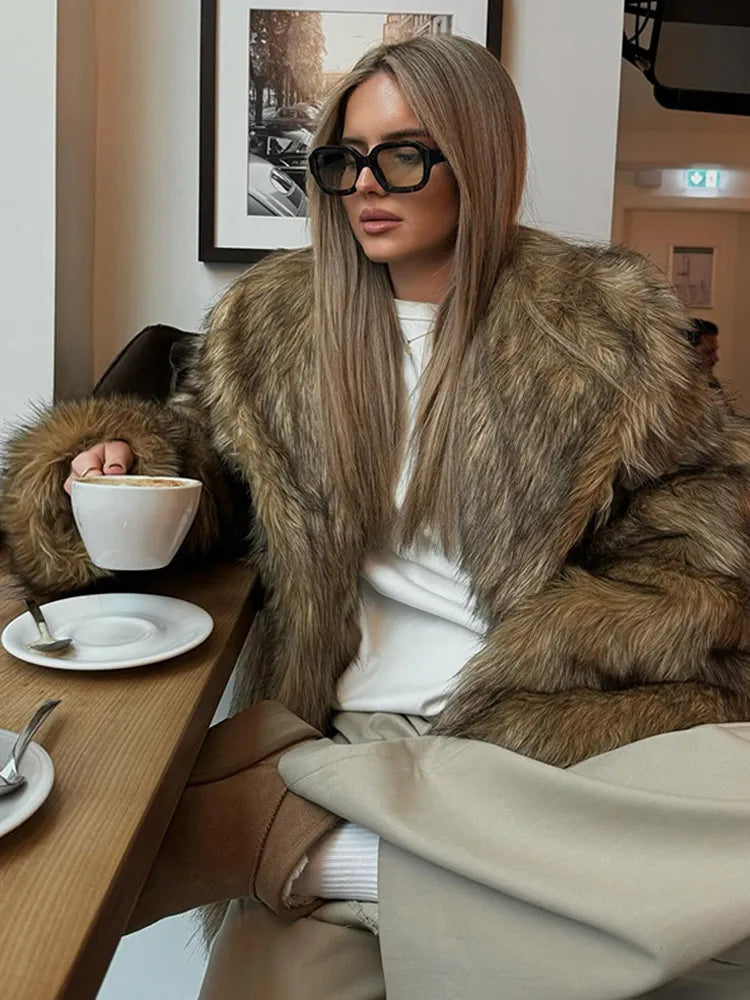 Brown Oversize Plush Lapel Coat