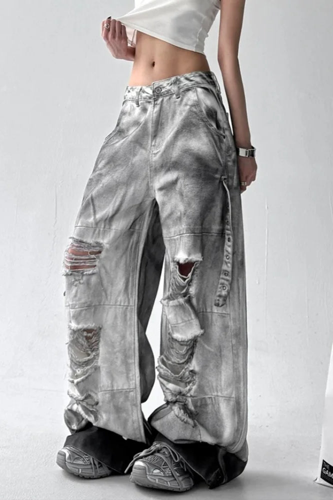 Washed Ripped Wide Leg Jean