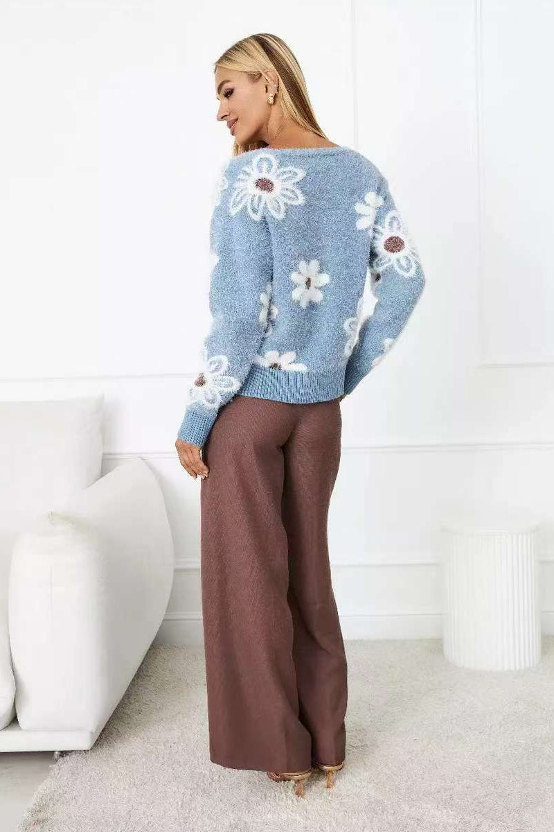 Floral V-Neck Knit Long Sleeve Cardigan