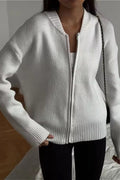 Crew-Neck Zip Plain Knit Cardigan