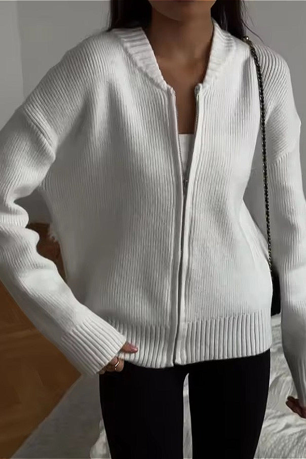 Crew-Neck Zip Plain Knit Cardigan