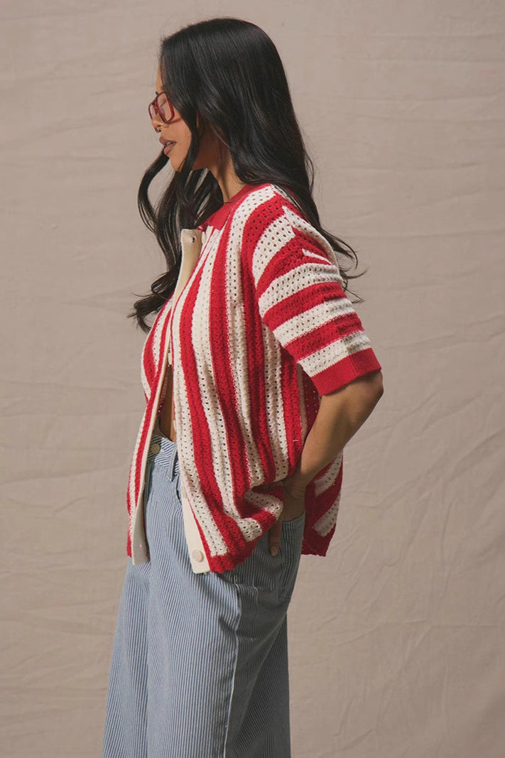 Colorblock Striped Lapel Knit Cardigan