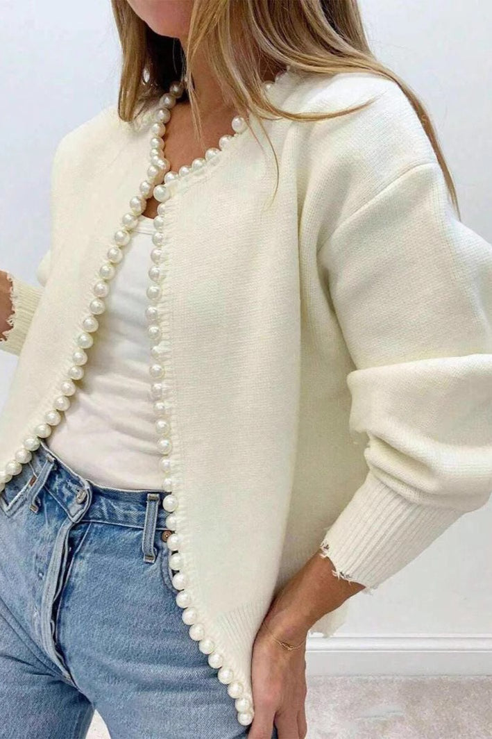 Pearl Crew-Neck Detailed Knit Cardigan