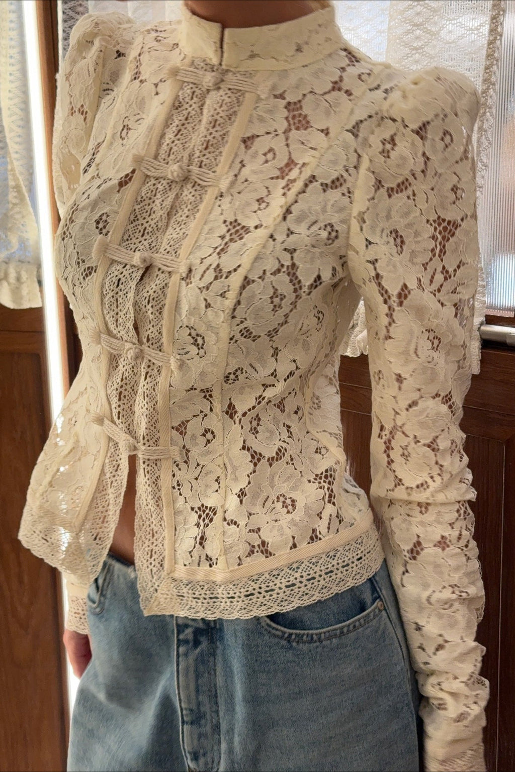 Soft High-Collar Lace Cutout Cardigan