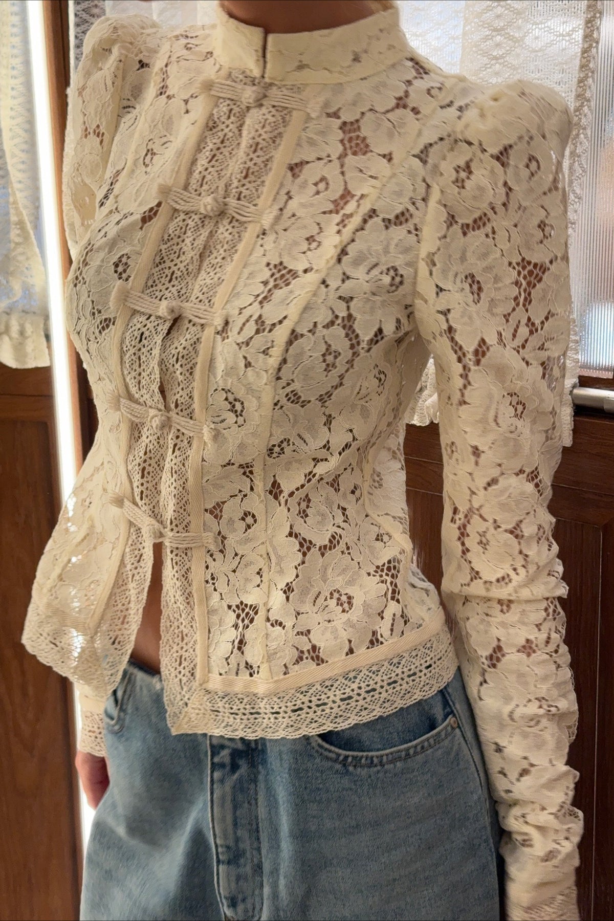 Soft High-Collar Lace Cutout Cardigan