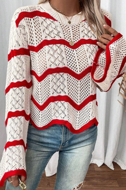 Simple Wave Knit Bell Sleeve Sweater
