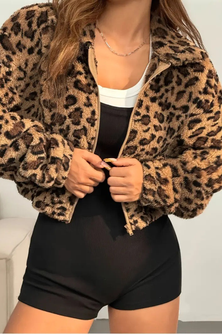 Chic Leopard Print Hooded Zip-Up Coat