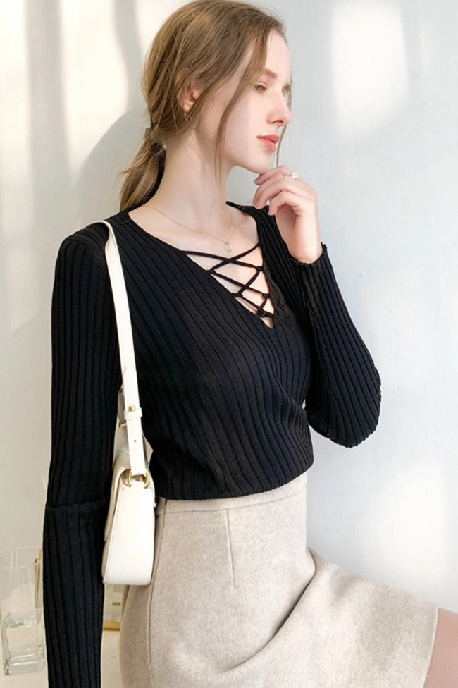 Slim Lace Up V Neck Sweater
