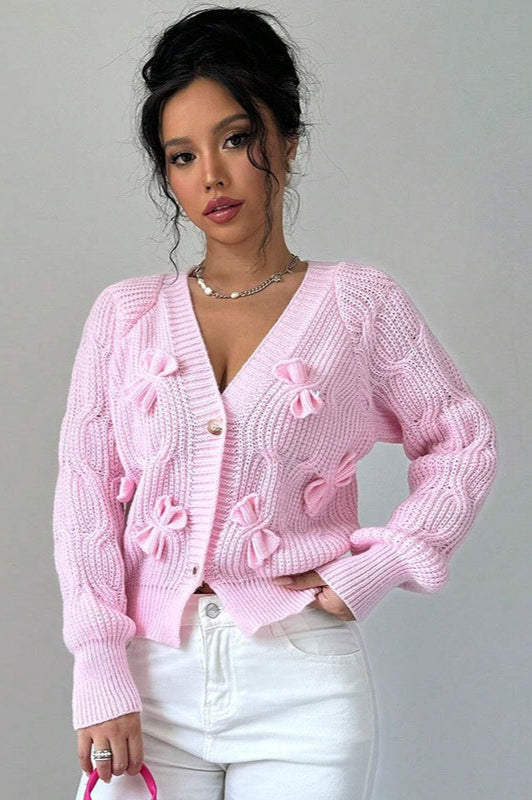 Solid Bow-Tie Long-Sleeve Knit Cardigan