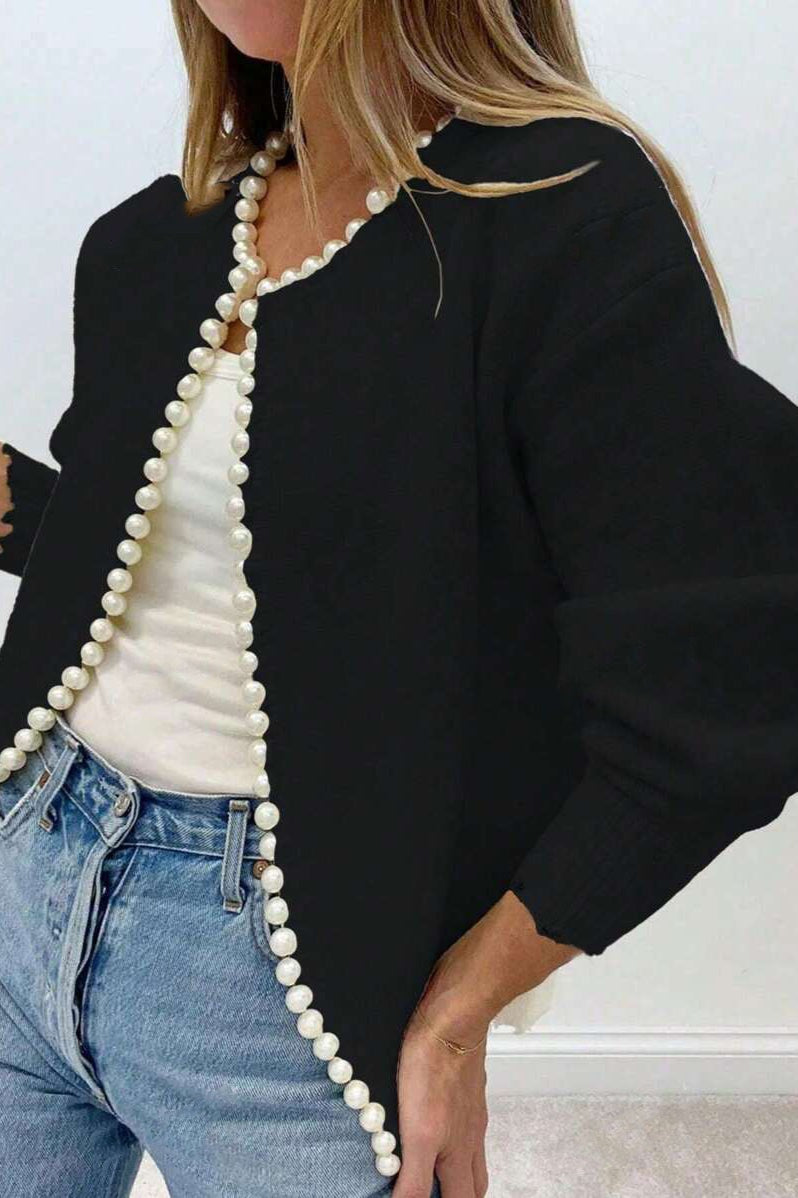 Pearl Crew-Neck Detailed Knit Cardigan