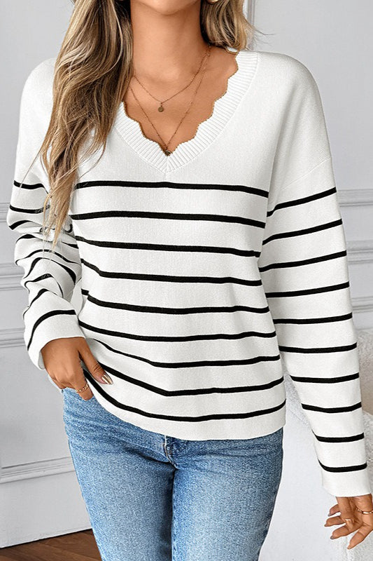 Ribbed V Neck Long Sleeve Sweater