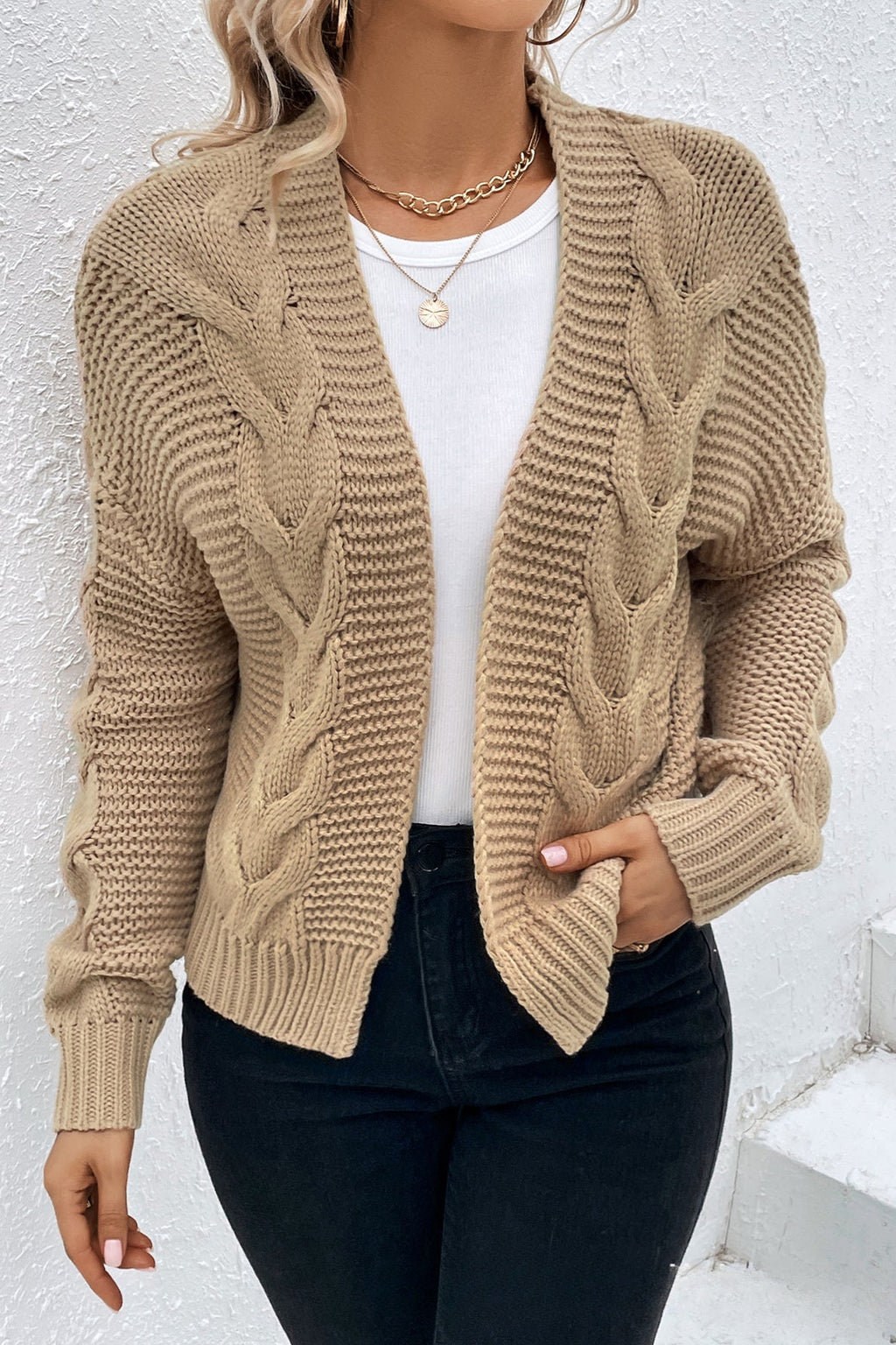 Ribbed Plain Long Sleeve Knit Cardigan