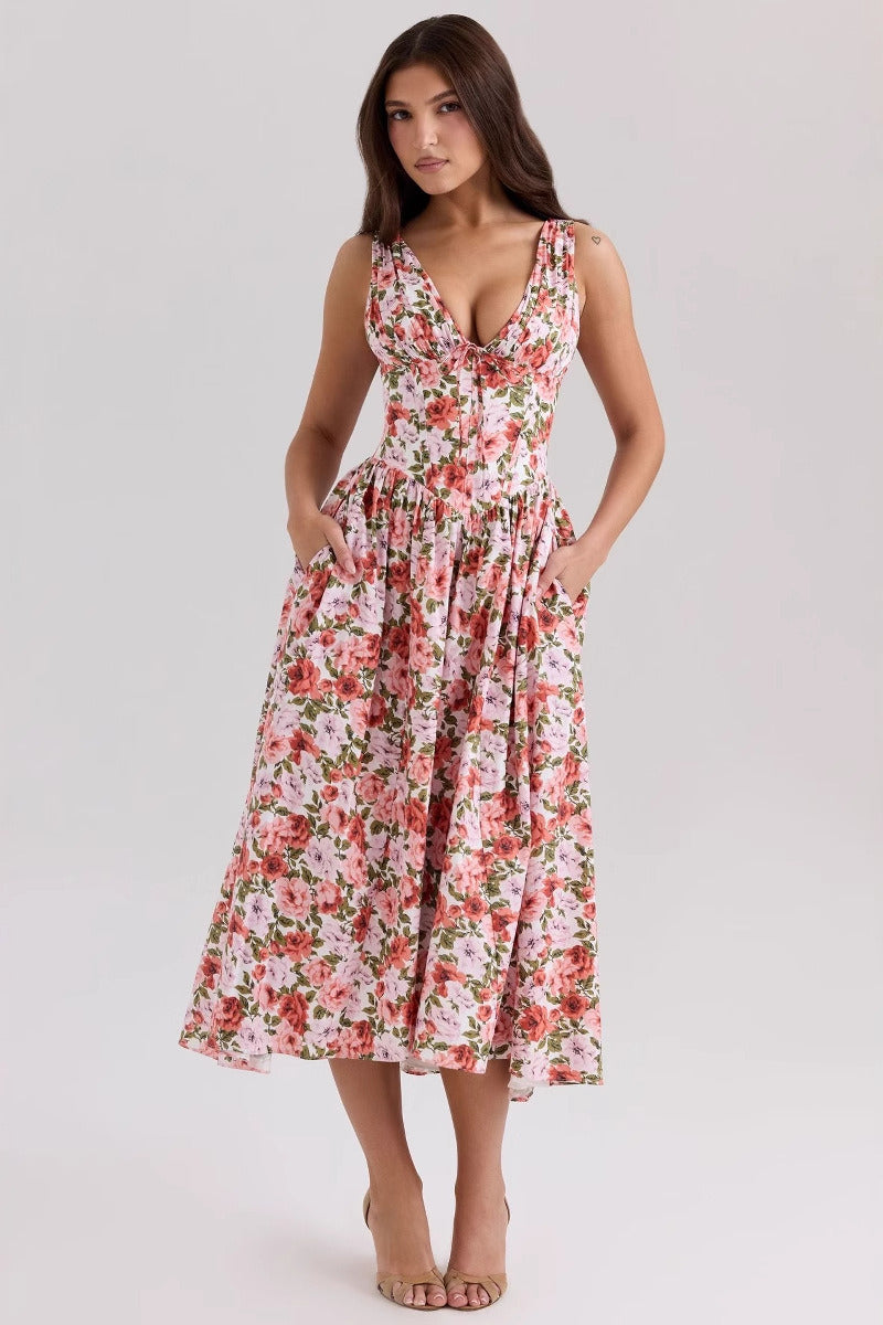 Slim V Neck Strap Floral Dress