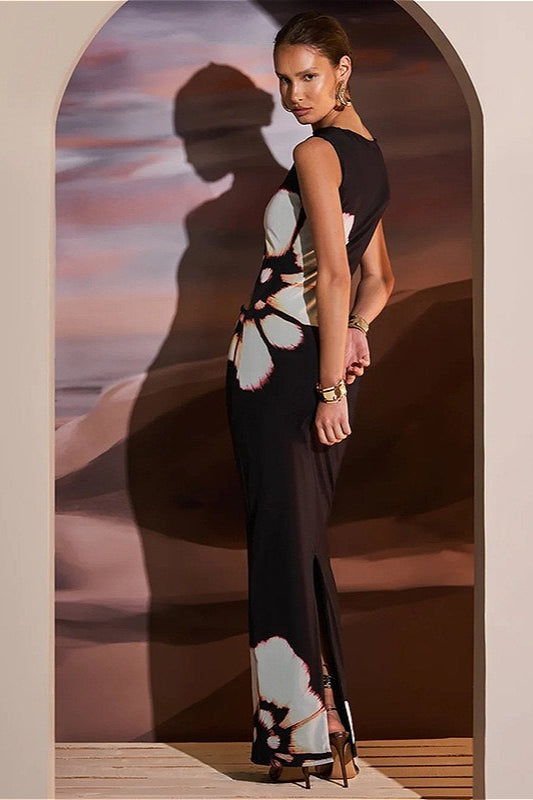 Black Round Neck Hollow Sleeveless Floral Dress