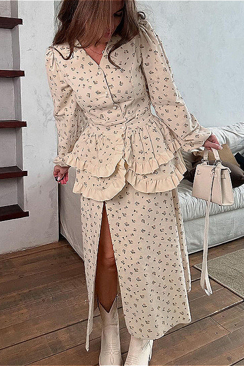 Puff Sleeve V Neck Ruffled Belted Split Floral Dress