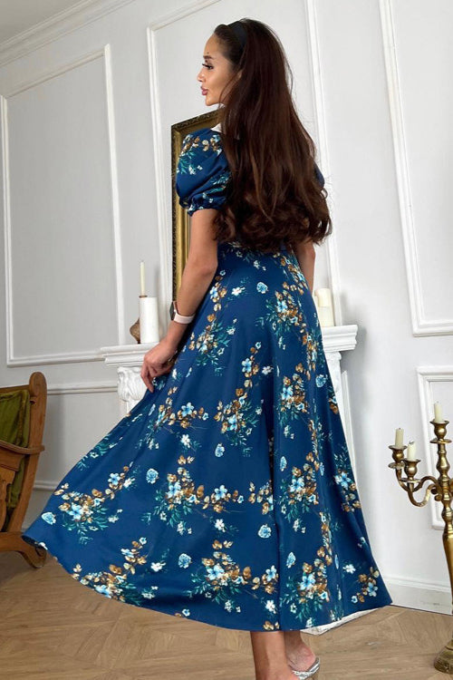 Doll Collar Short Sleeve Blue French Floral Dress