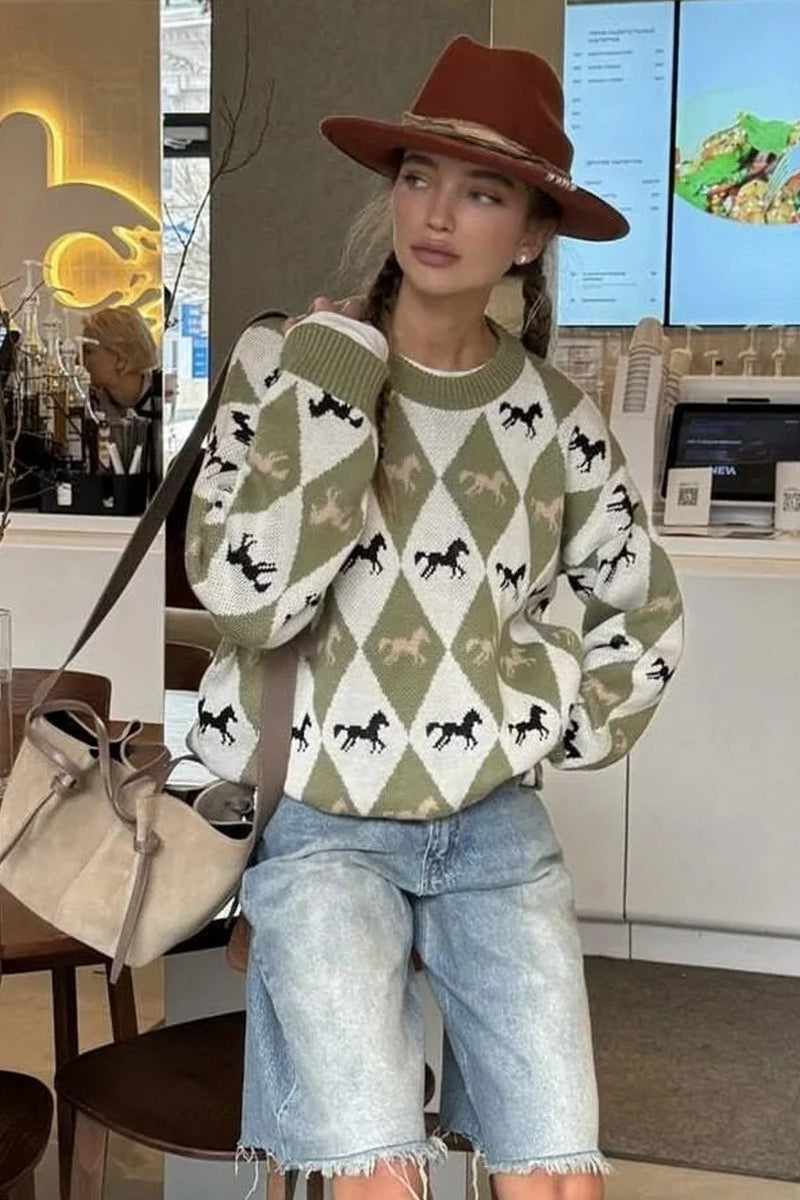 Relaxed Horse Graphic Pullover Sweater
