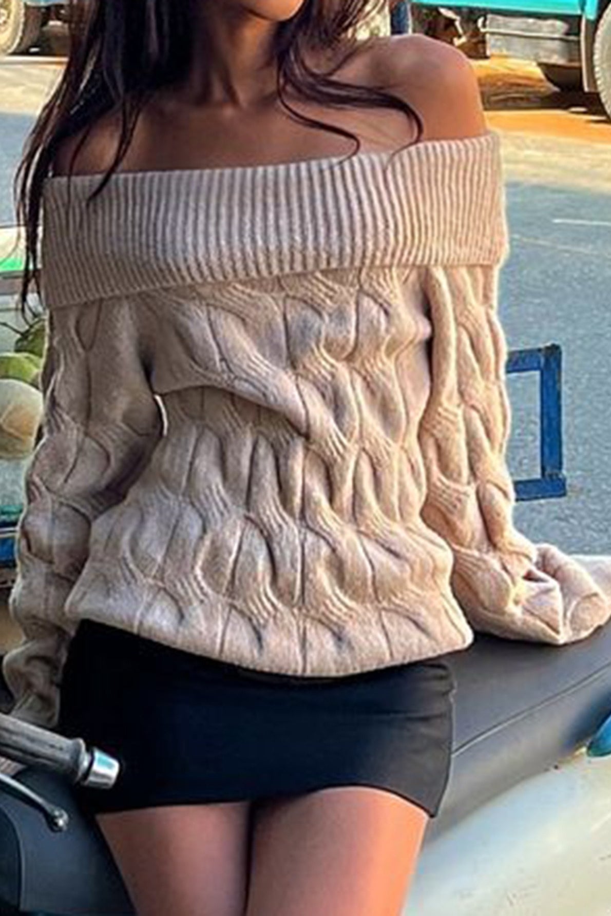 Ribbed Off Shoulder Slim Sweater