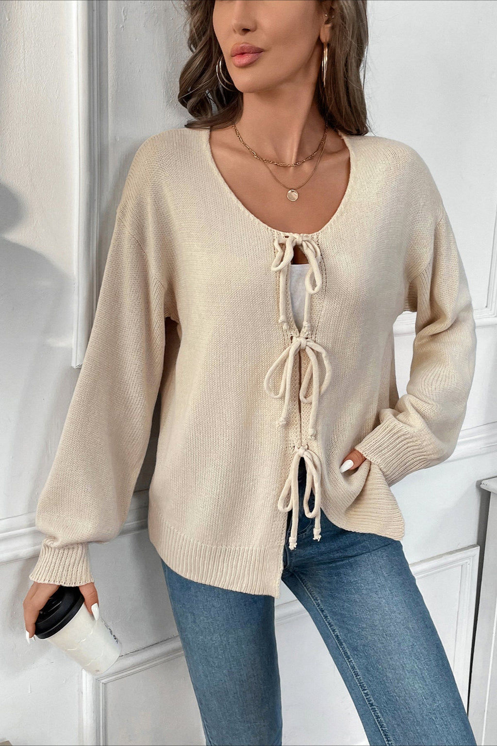Front-Tie Round Neck Plain Knit Cardigan