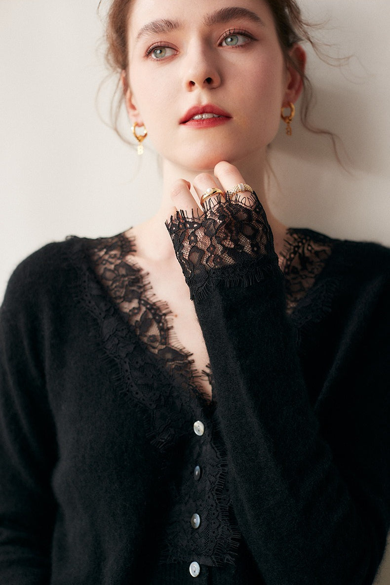 Cashmere Lace-Edge V-Neck Knit Cardigan