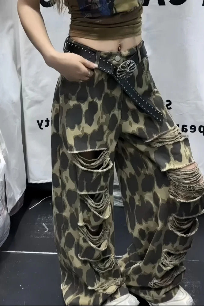 Leopard Ripped Wide Leg Jean