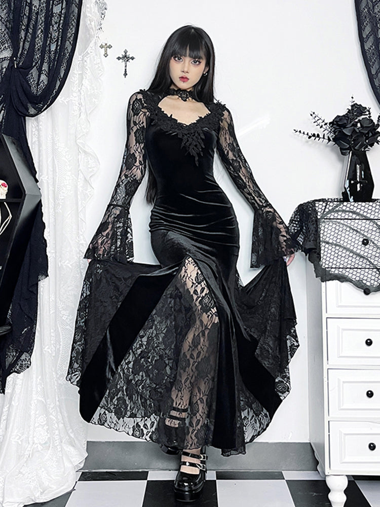Long Sleeve Gothic Lace Ruched Fishtail Bodycon Maxi Dress