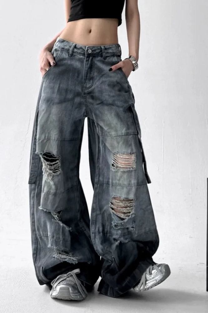 Washed Ripped Wide Leg Jean